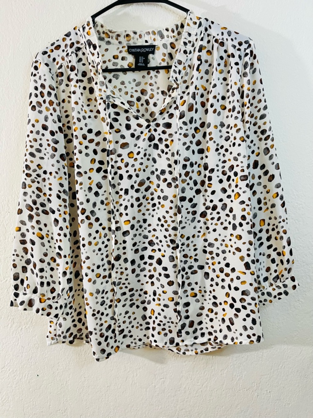 Cynthia Rowley White Printed Tie-Neck Blouse with Black & Gold Spots Medium
